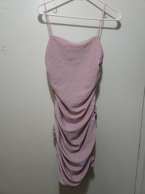 SHEIN BAE Sparkly Pink Glitter Ruched Bodycon Mini Dress - Size